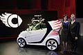 Dr Annette Winkler, Head of smart and fashion designer Jeremy Scott, presenting in world premiere the Smart Forjeremy, on the eve of the LA Auto Show at Jim Henson Studios in Los Angeles